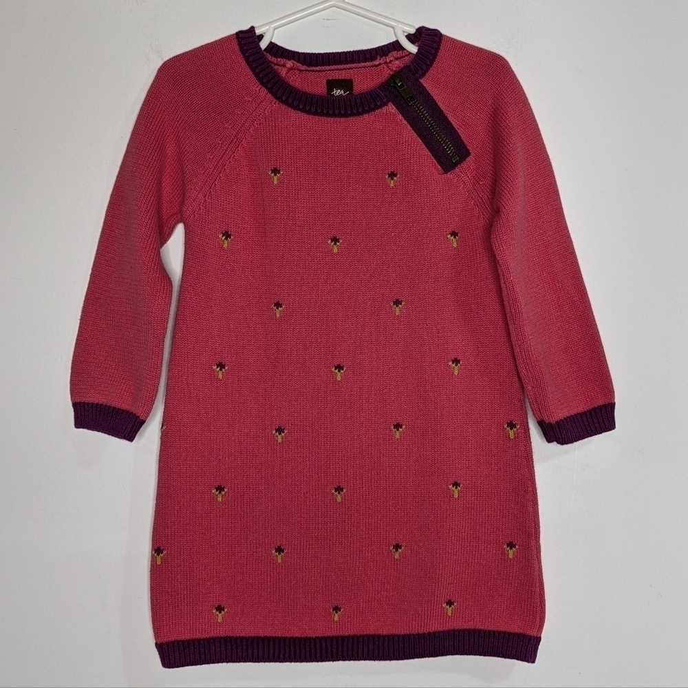 Tea Collection pink purple floral cotton knit sweater dress 4